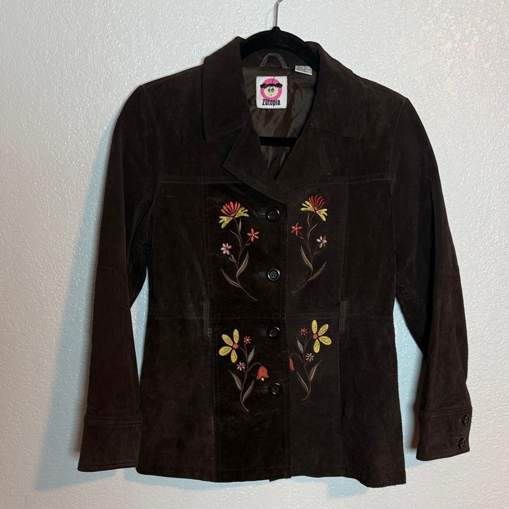 Zutopia Brow Leather Floral Embroidered Vintage Jacket Size XL Y2K 90s